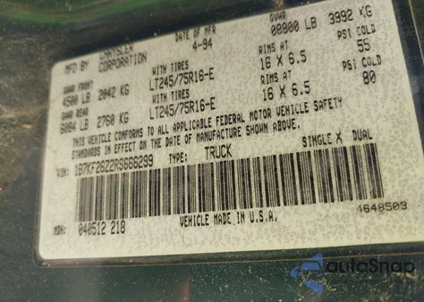 1994 Dodge Ram 2500 z USA, uszkodzony, nr VIN 1B7KF26Z2RS666299